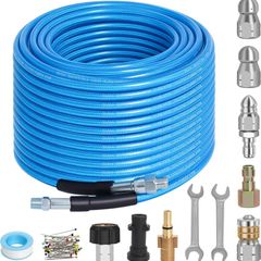 15M High Pressure Washer Hose Kit Compatible with Karcher K2-K7 Bosch Lavor Nilifisk Series Pressure Washer, 400Bar/5800PSI Sewer Jetting Hose Kit with 4 Adapters & 4 Nozzles, Kink Resistant