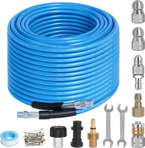 15M High Pressure Washer Hose Kit Compatible with Karcher K2-K7 Bosch Lavor Nilifisk Series Pressure Washer, 400Bar/5800PSI Sewer Jetting Hose Kit with 4 Adapters & 4 Nozzles, Kink Resistant