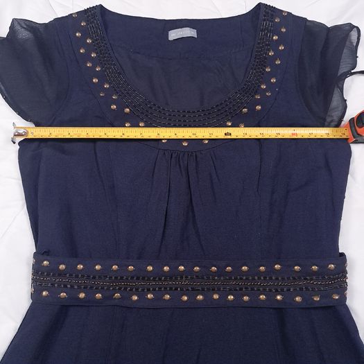 Per Una Navy Blue Linen Embellished Scoop Neck Chiffon Flutter Sleeve Midi Dress 14UK/42EU