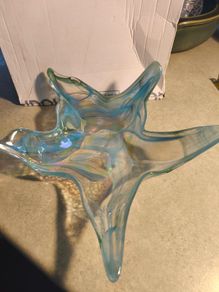 Glass Bowl Round Star Shaped Murano Art Deco Art Blue White