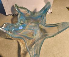 Glass Bowl Round Star Shaped Murano Art Deco Art Blue White