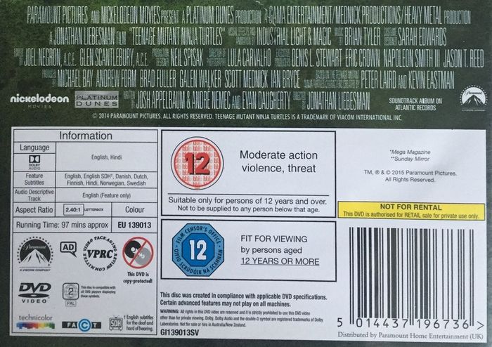 Teenage Mutant Ninja Turtles [2014] Megan Fox, Will Arnett, William Fichtner, Danny Woodburn, Abby Elliott & Alan Ritchson [Movie DVD]