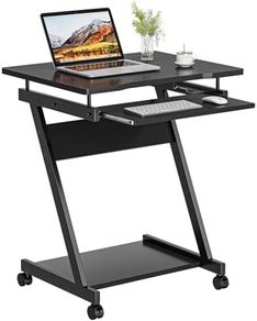 Mobile Computer Desk Z-Shaped with Sliding Keyboard Wood PC Table Laptop Desk Furniture Study Workstation for Home Office, Black, 60 x 48 x 73 cm
