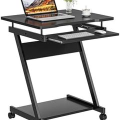 Mobile Computer Desk Z-Shaped with Sliding Keyboard Wood PC Table Laptop Desk Furniture Study Workstation for Home Office, Black, 60 x 48 x 73 cm
