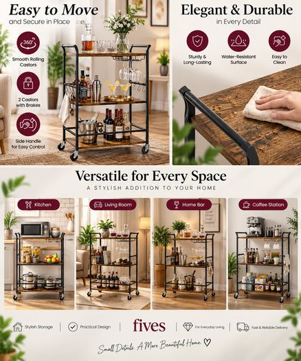 Serving Trolley with Wine Rack & Glass Holder  3 Tier Rustic Brown & Black Bar Cart
