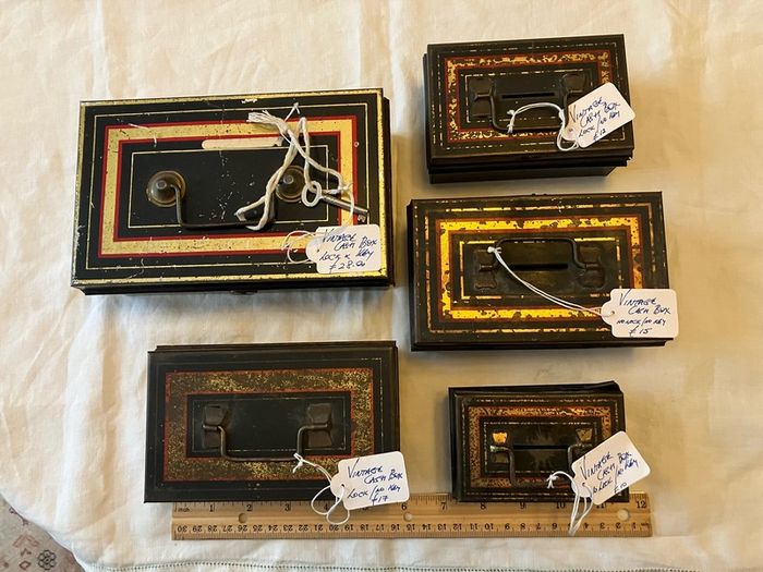 Vintage cash boxes. Various sizes. Some with working locks and keys.