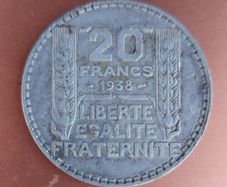 FRANCE  1938 20 Fancs Silver Coin V. Fine