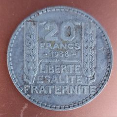 FRANCE  1938 20 Fancs Silver Coin V. Fine