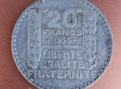 FRANCE  1938 20 Fancs Silver Coin V. Fine