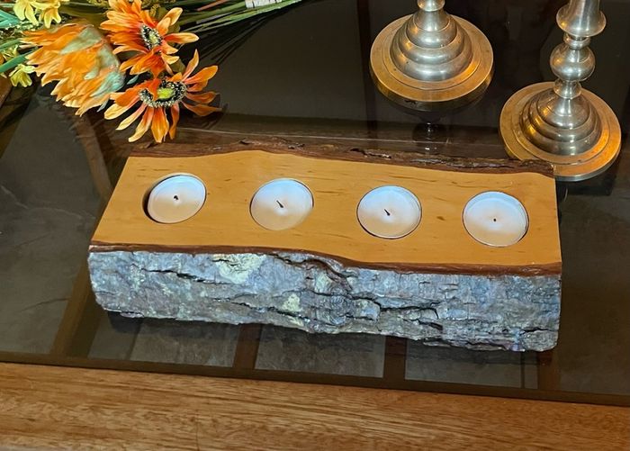 Stunning Rustic Live Edge Pine Wood Tea Light Holder Yule Log Waxed and Sealed
