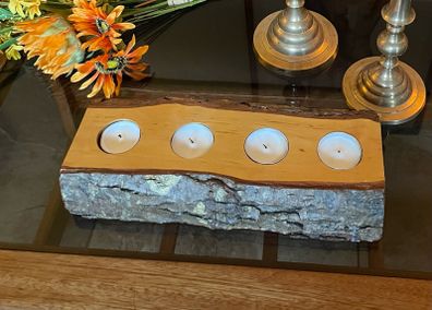 Stunning Rustic Live Edge Pine Wood Tea Light Holder Yule Log Waxed and Sealed