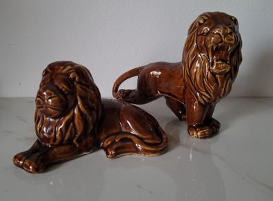 Vintage pair of glazed ceramic lions