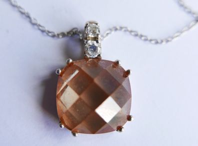 Vintage 925 Sterling Silver Necklace with Peach Faceted Pendant