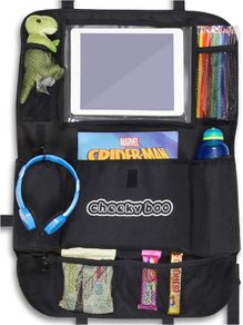 Child's Large Car Backseat Organiser with 10.1" Touch Screen iPad/Tablet Holder for Kids and Toddlers. Black Car Storage and Seat Protector. Fits All Cars