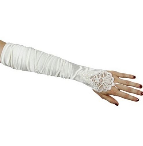 Classy White Gloves with Sparkly Beads & Lace