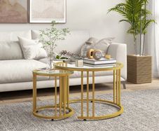 Round Coffee Tables Set of 2, Nesting Tables with Tempered Glass Top and Steel Frame, 60cmx60cmx47cm, Gold Tone