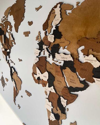 3D Classic Wooden World Map with Country Borders Country Names Capital Names US and Canada Borders and Names 3D Map Effect