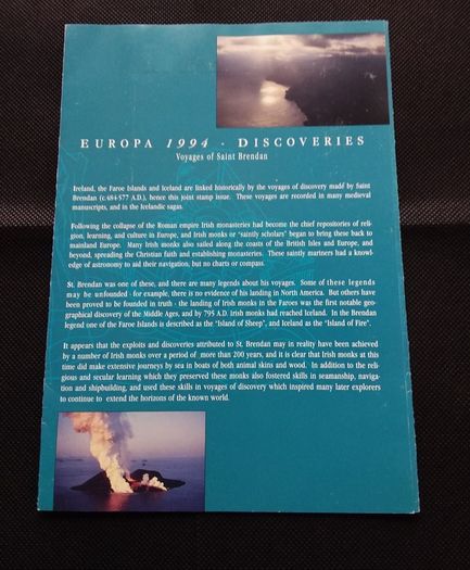 Ireland Mint Stamps : 1994 Europa Booklet - Voyages of St. Brendan : Ireland , Iceland and Faroe Islands Joint Issues