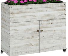 Raised Garden Bed with Wheels, Cabinet Compartment, Interior Lining, Used Look, 110x50x95 cm, White