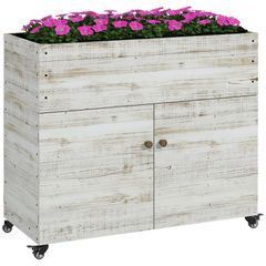 Raised Garden Bed with Wheels, Cabinet Compartment, Interior Lining, Used Look, 110x50x95 cm, White