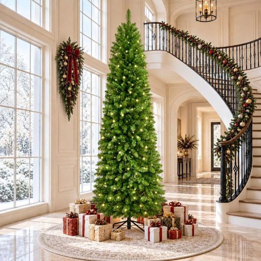 8FT Slim Pre-Lit Artificial Pencil Christmas Tree