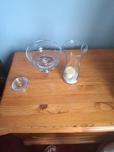 Glassware- candle holders, bowl