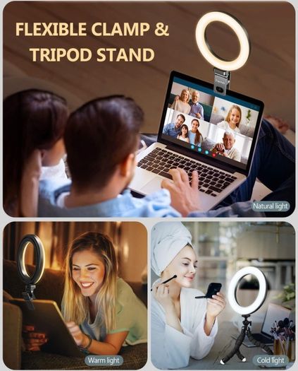 Laptop Ring Light with Clip and Tripod, 6.3'' Desktop LED Lamp with Dimmable 3 Modes 10 Brightness Level for PC Monitor/Live Streaming/YouTube/TiK Tok (FREE POSTAGE)
