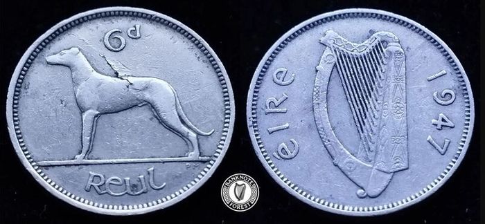 [#2334] - Ireland 1947 | ERROR | Irish 6d | Six Pence | Wolfhound | KM.13a