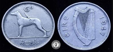 [#2334] - Ireland 1947 | ERROR | Irish 6d | Six Pence | Wolfhound | KM.13a