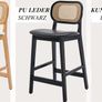 Set of 2 Bar Stools PU Leather Bar Stools for Kitchen with Rattan Backrest Counter Stool for Breakfast with Solid Wood Legs (White-2) Image 3