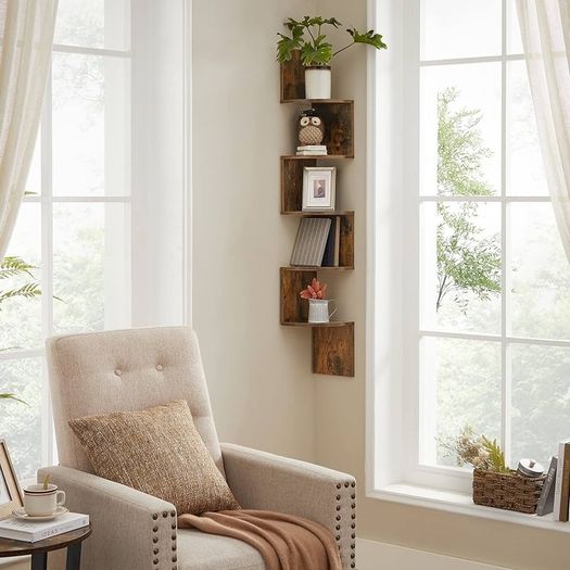 5-Tier Corner Shelf, Display Floating Shelf in Living Room, Study, Kitchen, Bedroom, for Plants, CDs, Decorations, Modern, Rustic Brown