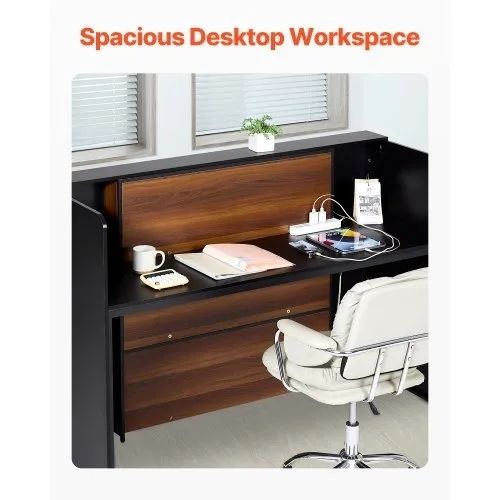 Reception Desk, 62.99 x 23.62 x 43.70 in Rectangular Front Counter Table, Office Reception Desk Front Retail Counter with LED Light,