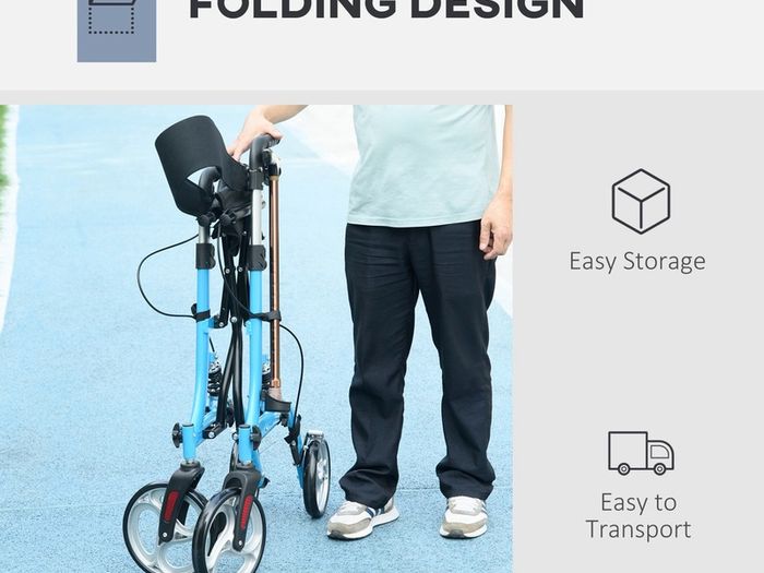4 Wheel Rollator with Seat and Back, Lightweight Folding Mobility Walker with Large Wheels, Carry Bag, Adjustable Height, Aluminium Walking Frame with Dual Brakes for Seniors, Blue