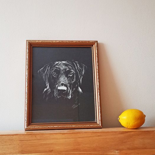 Black Labrador Retriever  R. Russell dog art print in a wooden gold glazed frame 1979 size 23x28cm