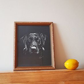 Black Labrador Retriever  R. Russell dog art print in a wooden gold glazed frame 1979 size 23x28cm
