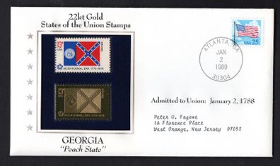 1988 USA Georgia "Peach State" 22kt Gold Replica of the 1976 United States Flag Stamps showing 25c US flag definitive tied Atlanta, Georgia (state capital) illustrated cover