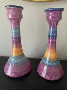 Set of Two beautiful tall coloured ceramic signed candle holders