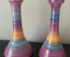 Set of Two beautiful tall coloured ceramic signed candle holders