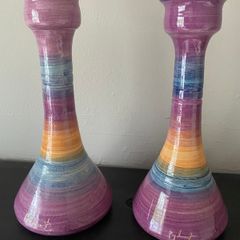Set of Two beautiful tall coloured ceramic signed candle holders