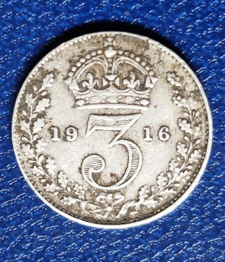1916 United Kingdom  3 Pence - George V  Silver Coin
