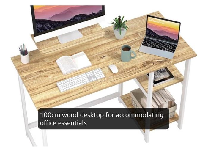 Office Desk with Monitor Stand,100cm Computer Desk with Reversible Storage Shelves,Study Desk for Home and Small Spaces,Oak