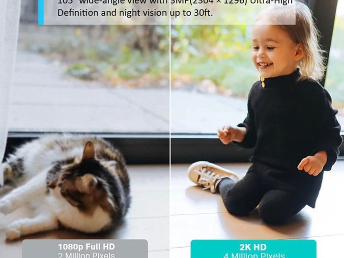 2K Indoor Security Camera, Baby Monitor, Dog Camera/Motion Detection, 2-Way Audio,3MP, Night Vision, Cloud &SD Card Storage, Works with Alexa & Google Home