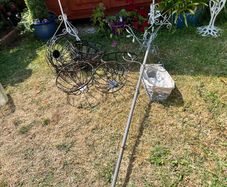 Seven Hanging Baskets and bird feeder. Well used.