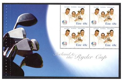 2005 Ireland Ireland and The Ryder Cup Commemorative Stamp Booklet Pane featuring Darren Clarke, Paul McGinley & Padraig Harrington Mint Never Hinged (MNH). Hibernian HP158