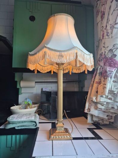 Tall lamp Vintage Gold metal Neoclassical  column lamp with silk called fringed tassled shade
