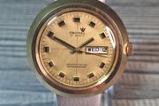 vintage 1970s Cronel "Disco Volante" mechanical watch UFO sunburst gold dial