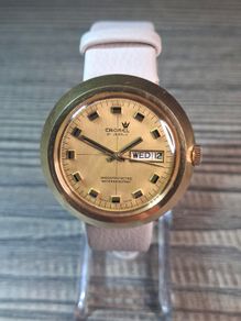 vintage 1970s Cronel "Disco Volante" mechanical watch UFO sunburst gold dial