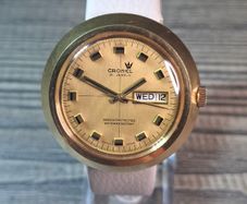 vintage 1970s Cronel "Disco Volante" mechanical watch UFO sunburst gold dial