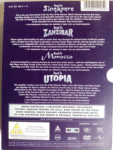 Road To (Singapore, Zanzibar, Morocco, Utopia) Bing Crosby, Dorothy Lamour & Bob Hope (4 Movie Boxset With Artcards) [4xDVD Movies]