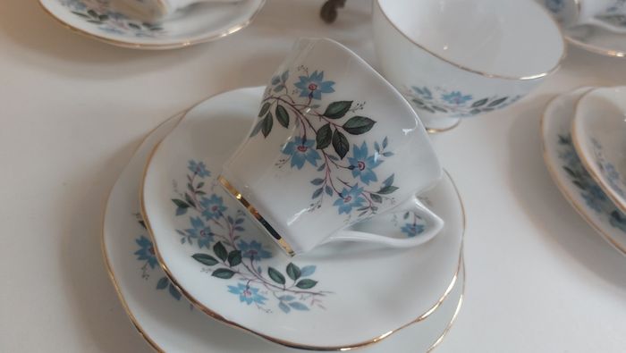 Beautiful Vintage Clare Bone China 14 Piece Teaset for Four in a Beautiful Blue Floral Pattern, Pattern Number 3045